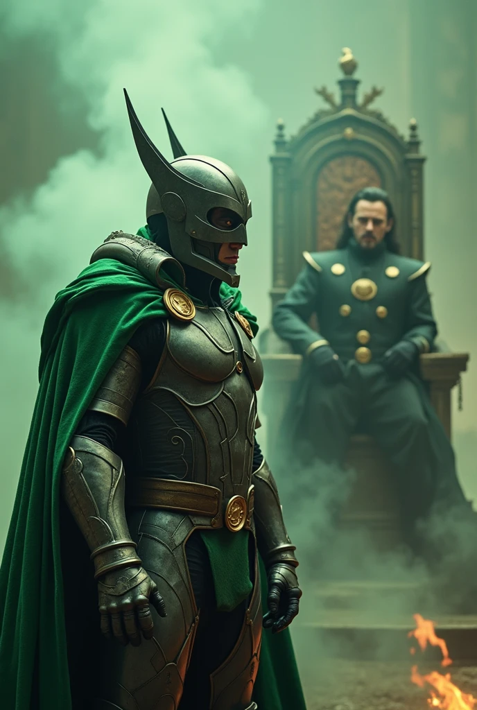 Iron man character Robert Downey Jr as Dr.doom,in a green cloak , metal armour,iron mask off,in villain character , face off with ,Loki the God of mischief (Tom Hiddleston:1.4),throne crown, magical spell,,different profiles, smoky, at the end of time, ultra realistic, realism 16K,textured skin.