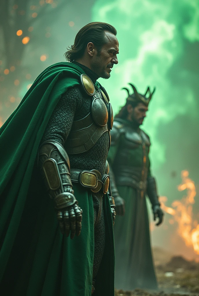 Iron man character Robert Downey Jr as Dr.doom,in a green cloak , metal armour,iron mask off,in villain character , face off with ,Loki the God of mischief (Tom Hiddleston:1.4),throne crown, magical spell,,different profiles, smoky, at the end of time, ultra realistic, realism 16K,textured skin.