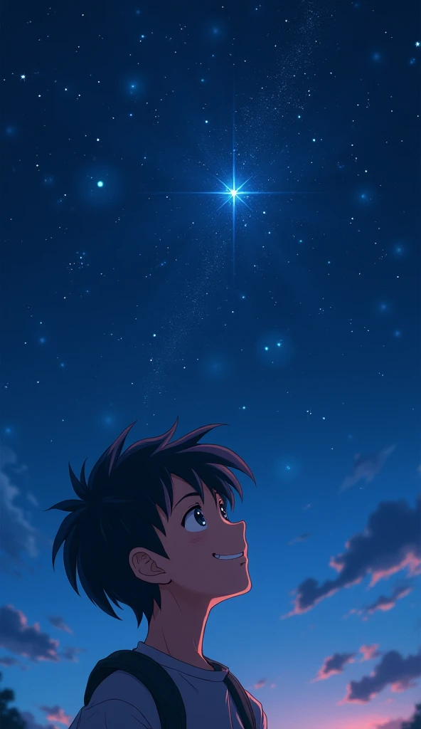 Ryo, now a junior high school student, looks up at the night sky、Starに感謝を伝える場面。
detailed: Ryo has grown up a little.、With gratitude under the night sky「Star」in 8K high resolution。Ryo smiles.、He has a somewhat confident look、In the background is a starry sky。especially「Star」is shining brightly again、The light softly illuminates Ryo's face.。