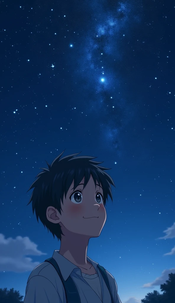 Ryo, now a junior high school student, looks up at the night sky、Starに感謝を伝える場面。
detailed: Ryo has grown up a little.、With gratitude under the night sky「Star」in 8K high resolution。Ryo smiles.、He has a somewhat confident look、In the background is a starry sky。especially「Star」is shining brightly again、The light softly illuminates Ryo's face.。