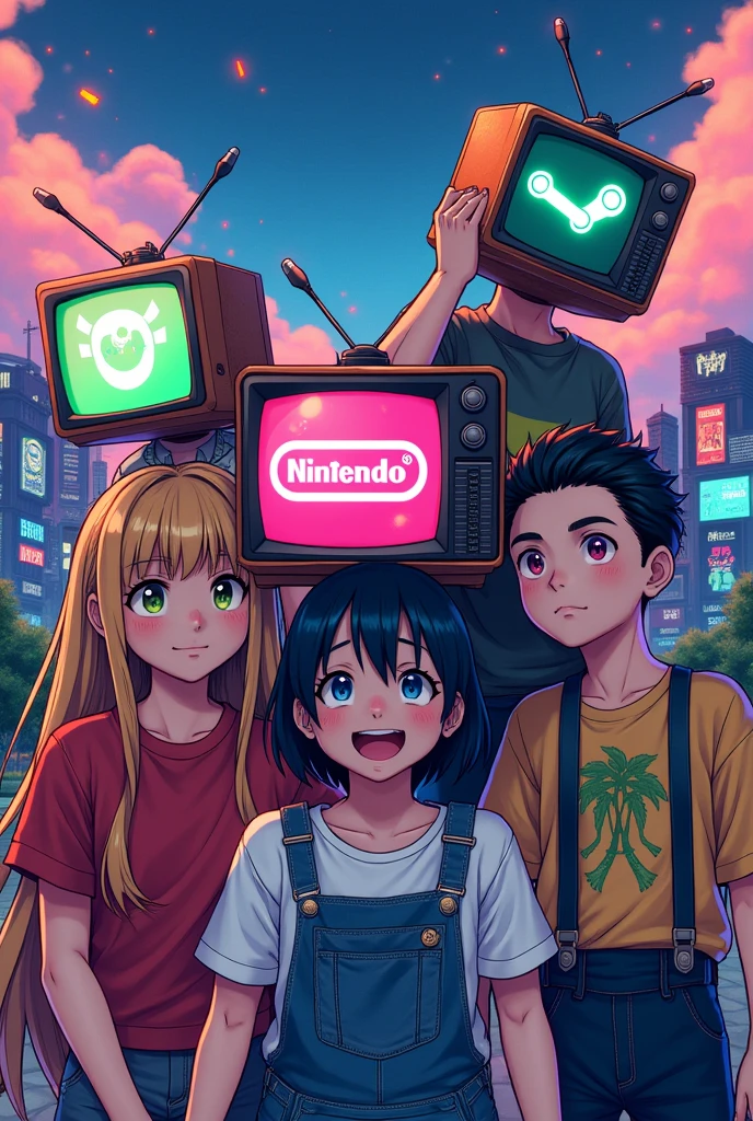 Boys and girls with TV shaped head with Nintendo Logo, Steam logo, Playstation logo, Xbox version logo manga