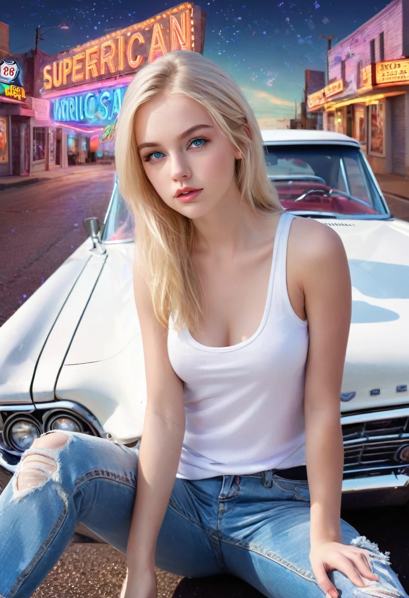 blonde teen, attractive and seductive expression, blonde straight hair, forehead, blue eyes, superlative body proportion, wearing white tank top, thick ripped jeans, sitting on top of an old American convertible, background route66, iridescent glitter effects, conceptual installation art, (ultra detailed, absolutely resolution, best quality:1.3), 2.5D, delicate and dynamic, iridescent effects, artistic, hyper, graphic CG digital art