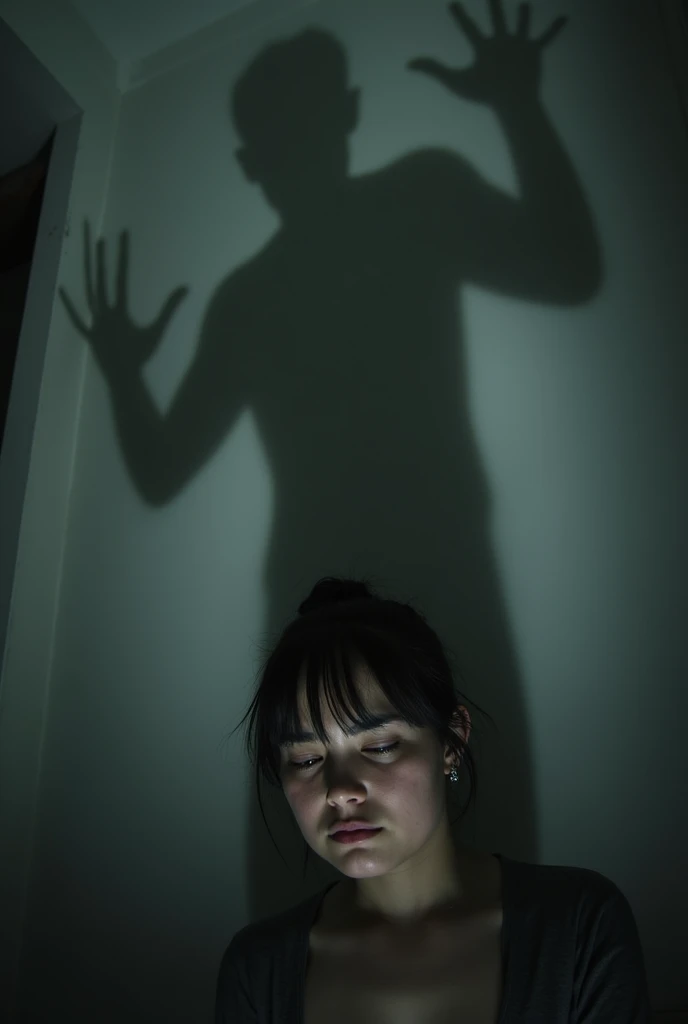 A terrifying shadow and in front of it is a depressed person