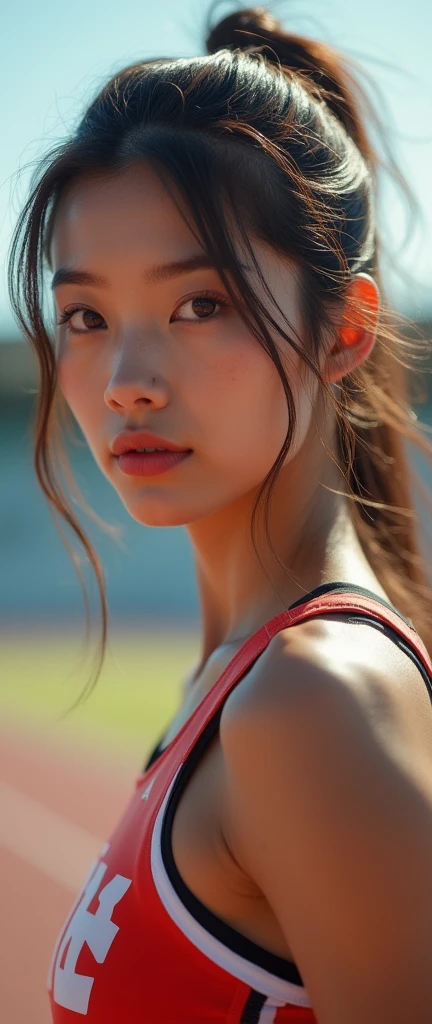 (masterpiece),(Highest quality),(Very detailed),(Ultra-high resolution),(Photorealistic Stick),(RAW Photos),8k,wallpaper,Backlight,(Written boundary depth),(Sophisticated lighting), (Improving cinematic lighting quality),photo of a dressed woman,Track and field athlete,Portrait Photography,Beautiful Japanese Women,(whole body:2.0),(Eye light,Sharp pupils,Detailed eye drawing),(Detailed skin texture:1.6),A lovely and delicate face,A 20-year-old Japanese woman who loves sports,Random Hairstyles,((Big Ass)),(((Muscular))),Look at this,front,break(Good Racing),(Racing Bloomers),((Athletics Stadium:1.5)),((Rear View)),(Detailed Female Hands:1.6)