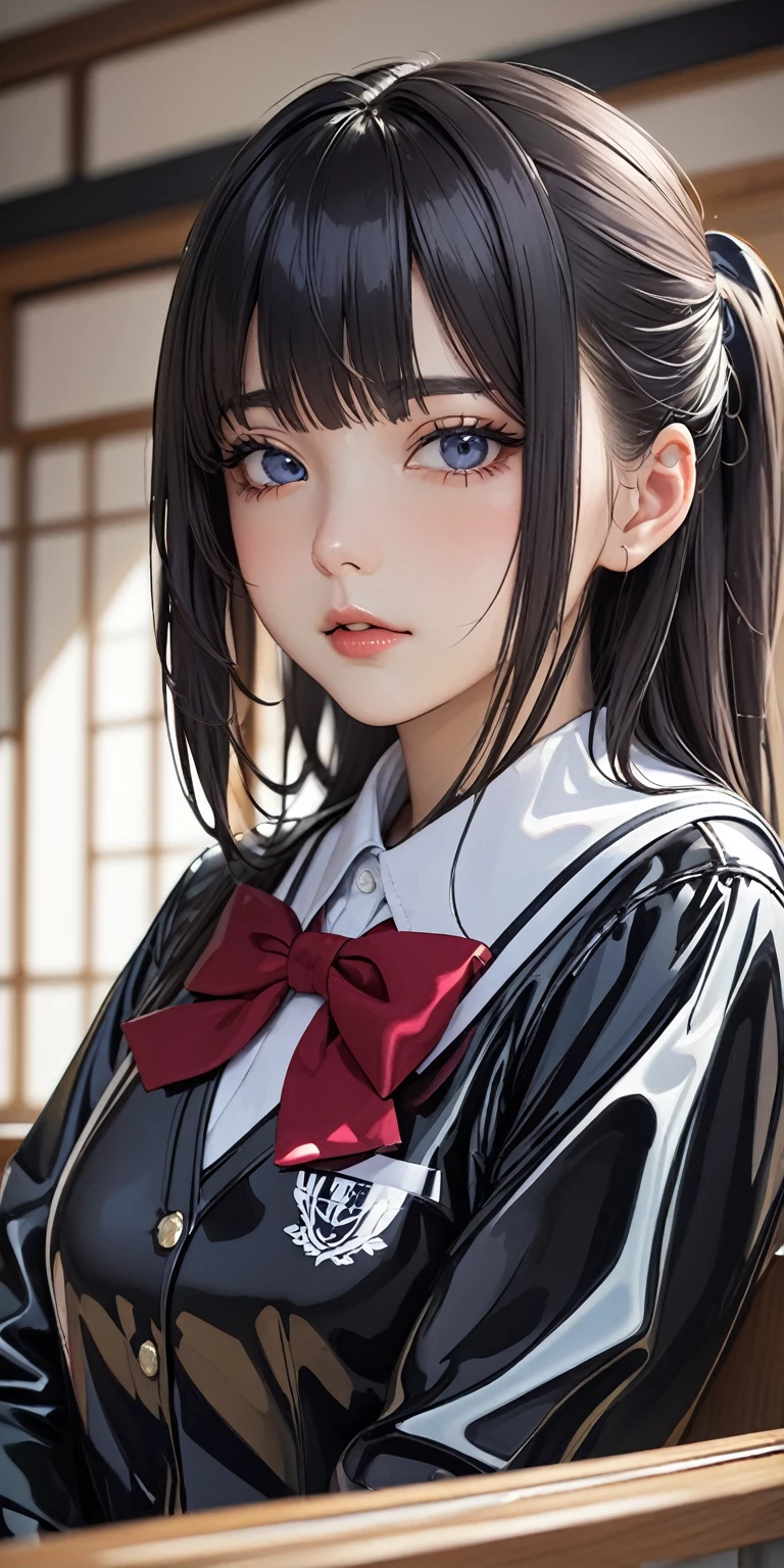 Portraiture、(masterpiece,Highest quality,Ultra-high resolution),Japanese women, (((A very beautiful 25 year old))),(A high school girl's uniform made of latex)、