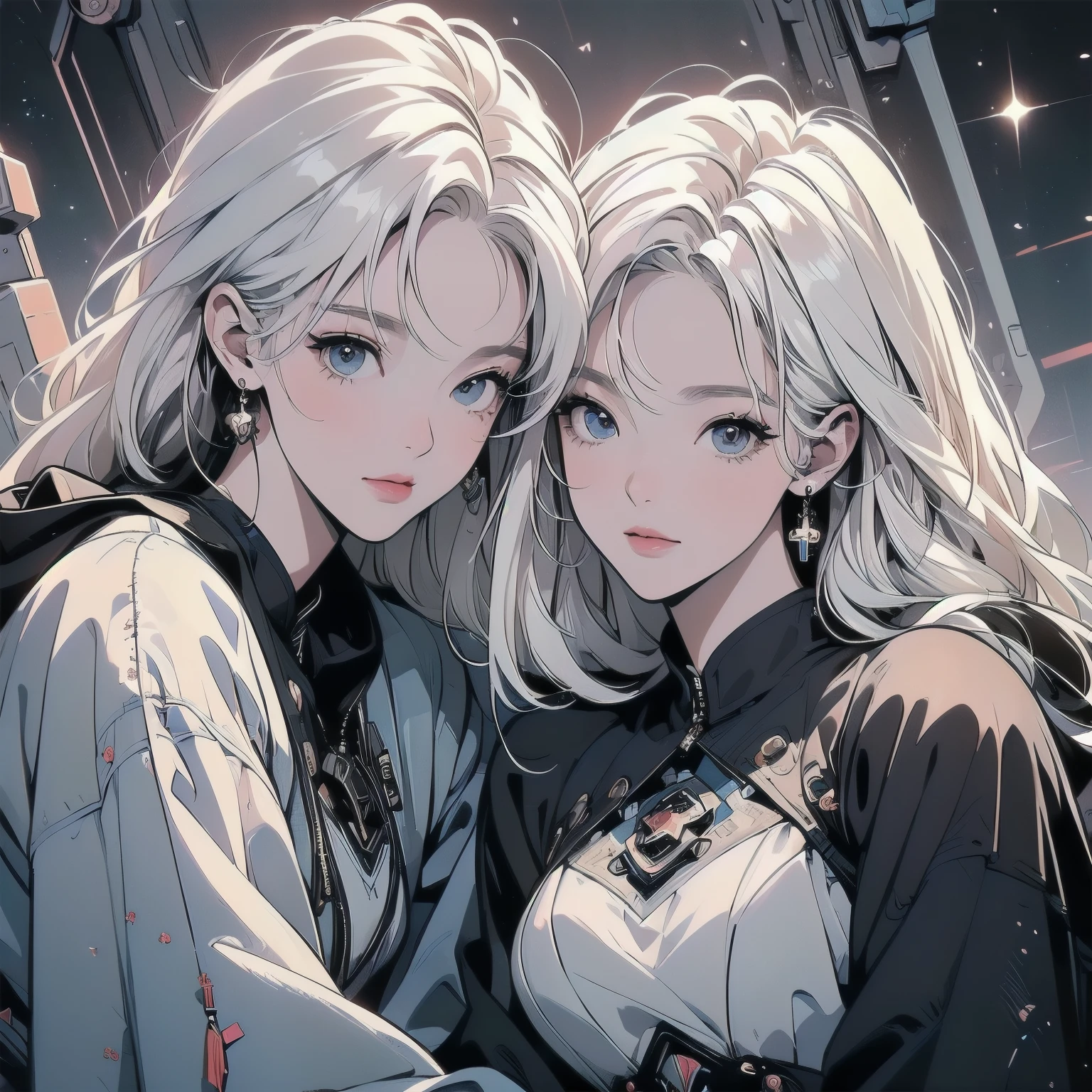 ((((beautiful "Two Women" leaning against each other))), (((Spaceship))), (((A perfect machine))), Perfect Face, (((no gravity))), space, Lots of wires, switchboard, Perfect and elaborate machinery, Detailed Hair, (((Different angles))), 最もbeautiful女性, (((head shot))) Highly detailed background, Highest quality, A variety of unique hairstyles, Trigun, The background is space, 個性的でPerfect Face, Faint lighting, (((Leaning close like lovers)))、((((White Hair))))