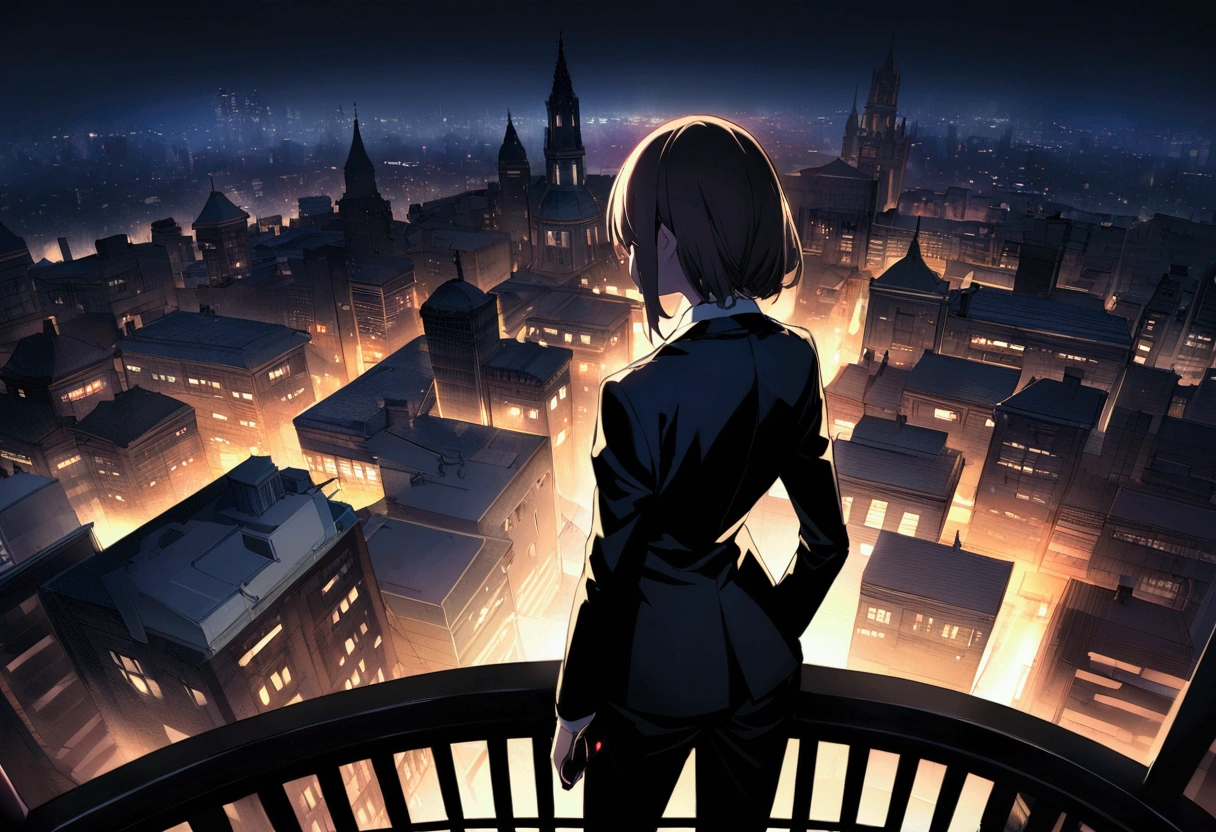 (Highly detailed CG Unity 8k wallpaper), City，Night view、rooftop、building、Beautiful young woman, Back view、In a suit,Look at your smartphone, full_body, dramatic, バックLight, Light, Volumetric Lighting, Delicate face, Simple Background、