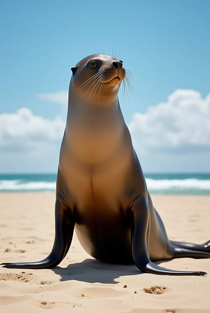 A sea lion stands on a sunny sandy beach, basking in the sunlight.