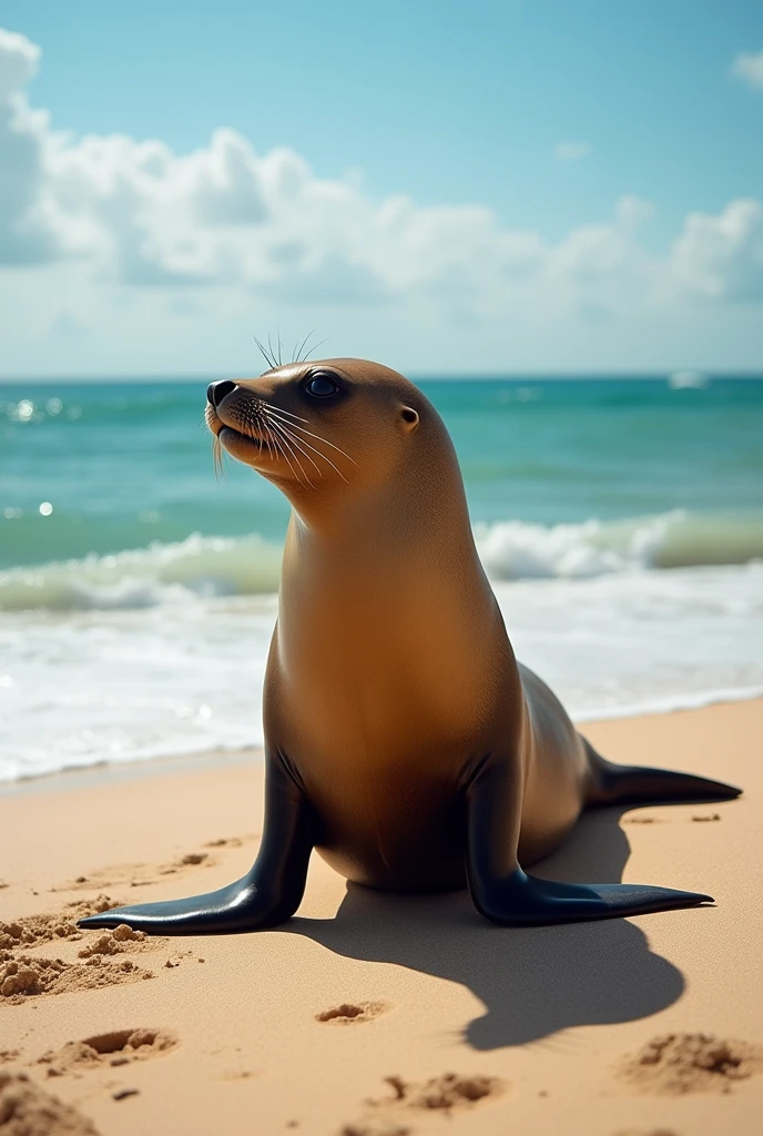 A sea lion stands on a sunny sandy beach, basking in the sunlight.