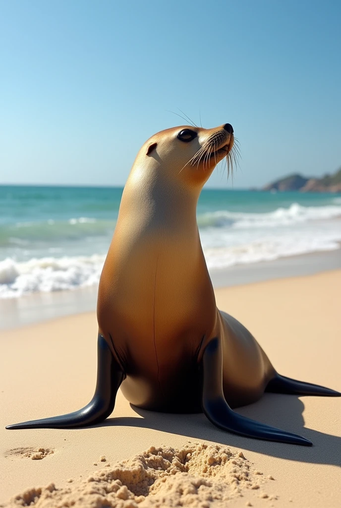 A sea lion stands on a sunny sandy beach, basking in the sunlight.