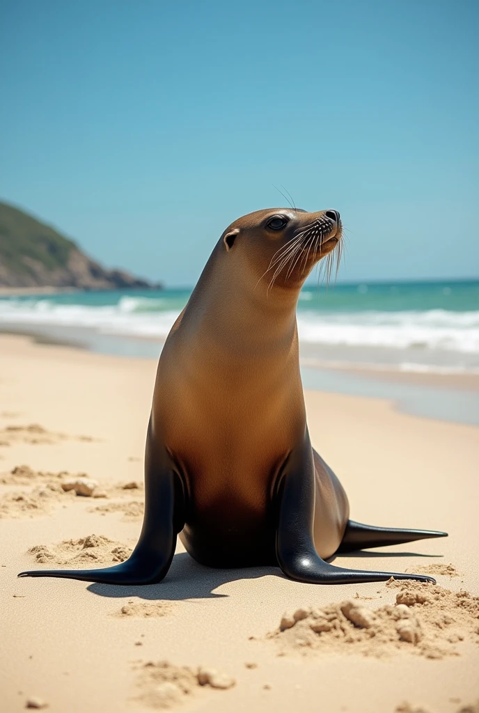 A sea lion stands on a sunny sandy beach, basking in the sunlight.