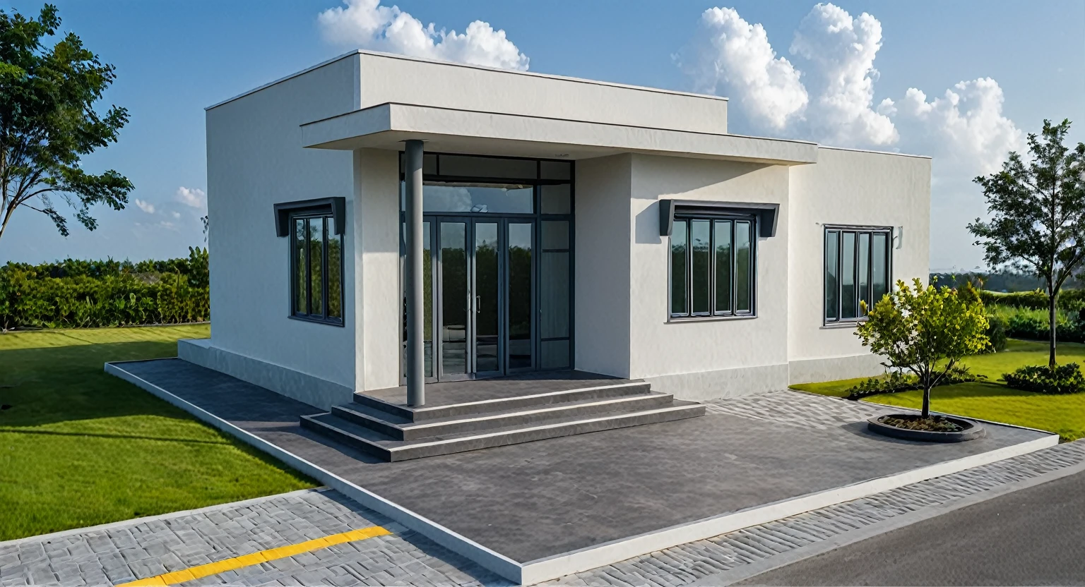 Masterpiece, high quality, best quality, authentic, super detail, outdoors, onestoreyvillaXL, aiaigroup, house style modern on the street ,stairs, white wall ,road,pavement, grass, trees, sky, cloud, (daylight:1.1)
