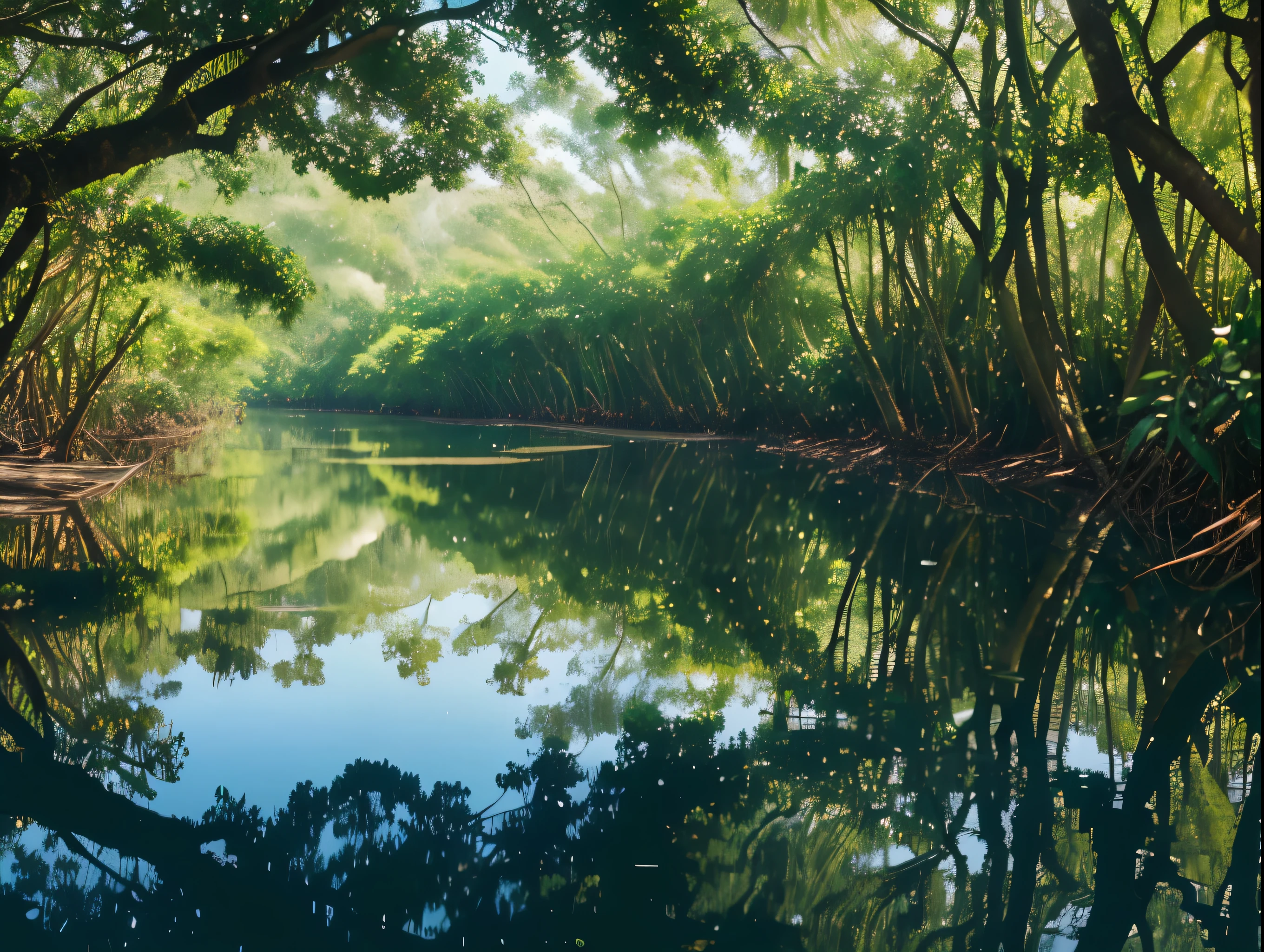 a mangrove forest, dense mangrove trees, lush green vegetation, sunlight filtering through leaves, winding waterways, reflections on the water, aerial view, tropical atmosphere, intricate root systems, winding paths, dappled shadows, serene and peaceful, nature photography, cinematic lighting, vibrant colors, hyper realistic, 8k, masterpiece
