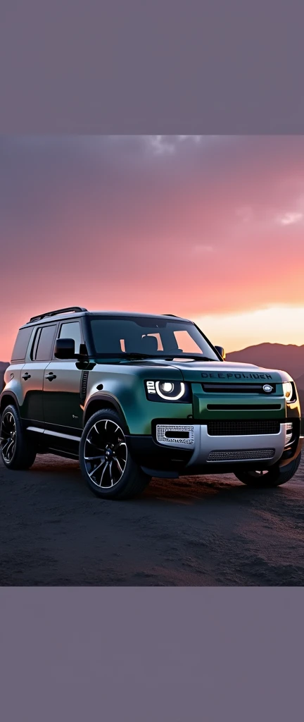 Ah ultra hd wide long straight photography of Brand new (premium (luxury )land rover defender 110 model 2024) 5 door defender in dark greenish colour with (luxury glazy shining body painting) and side mounted ladder. (Luxury big Diamond cut alloy wheels) are turned and body lowered vehicle). Sharp head lamps. Dark violet sky and dark grey soil