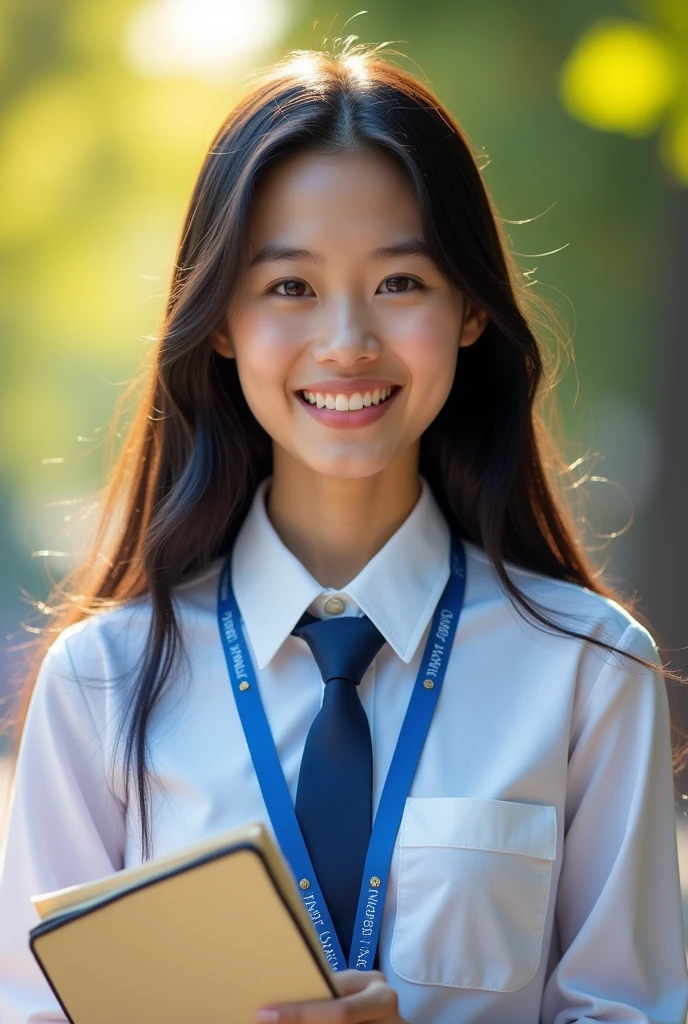 (Masterpiece),(complication:1.3),(The most realistic),((not revealing or provocative)),(Dress appropriately and neatly.),(A student), A portrait of a woman, 18 years old, beautiful face, beautiful faceแบบไทย ,long black hair ,smiling and happy, holding a notebook, Thai person ((wearing a white long-sleeved collared shirt)), (Wear a blue lanyard with white lettering that says "kalasin Vacational School"),Wear a blue tie, Dressed simply,warm light, weak sunlight, Photo shows only half of the body ,professional photographer for detailed photos, Have clarity, dramatic, Awarded first prize, Cinematic lighting, (film grain,A blurry background, Blurred background, bokeh, depth of fied),(Children under 18 years old can watch.)