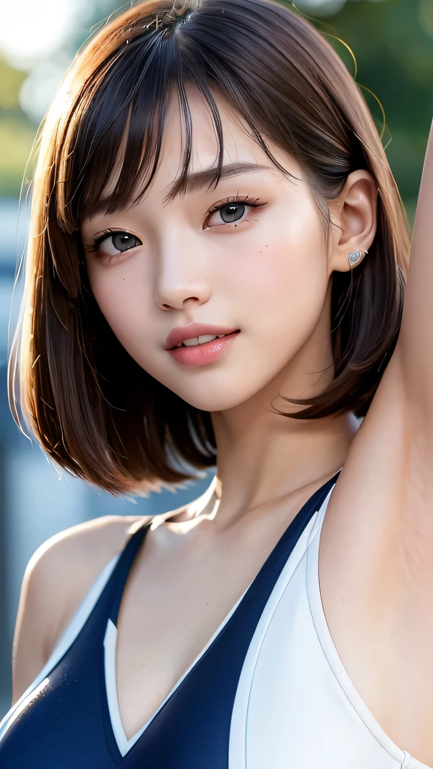 (masterpiece:1.3), (8k、Highest quality:1.4), (Best image quality, Intricate details, High resolution, Depth Field, Natural light, Professional Lighting), (1 girl), (alone), (Asian Girl, Very beautiful 18 year old manga girl), (Very beautiful woman、A charming beautiful woman, Beautiful silver bobcut, Strong blue eyes, Strong eye highlights, Very large breasts, Perfect Anatomy, Dynamic Lighting, Lip gloss), A beautiful face with perfect symmetry, Beautiful detailed woman, Very beautiful detailed face, Very beautiful detailed eyes, Smile at the audience, Smiling very happily, Beautiful Teeth, Beautiful Teeth alignment, Very detailedな, Very detailed, Beautiful Teeth, Beautiful Teeth alignment, Very detailedな, Very detailed, ((Detailed cheerleader:1.2)), The light shines on your face, ((Dynamic pose)), Bobcut, Crossed bangs, Asymmetrical bangs, Long neck, Show me your ears, Vanish'eyes, eyelash, cute, Very large breasts、Very beautiful and big, Very beautiful breast shape, Beautiful cleavage, Tall Supermodels, Long-legged supermodel, Supermodels dressed as cheerleaders, Strike a Pose, Dressed as a cheerleader, Woman close up, To the camera, Laughter, (Cheerleader Outfits), ((head band, Sleeveless shirt with open chest, flare skirt, mini skirt)), A young and slender gravure idol, Young Gravure Idol, Young Gravure Idol, Stadium background in the daytime