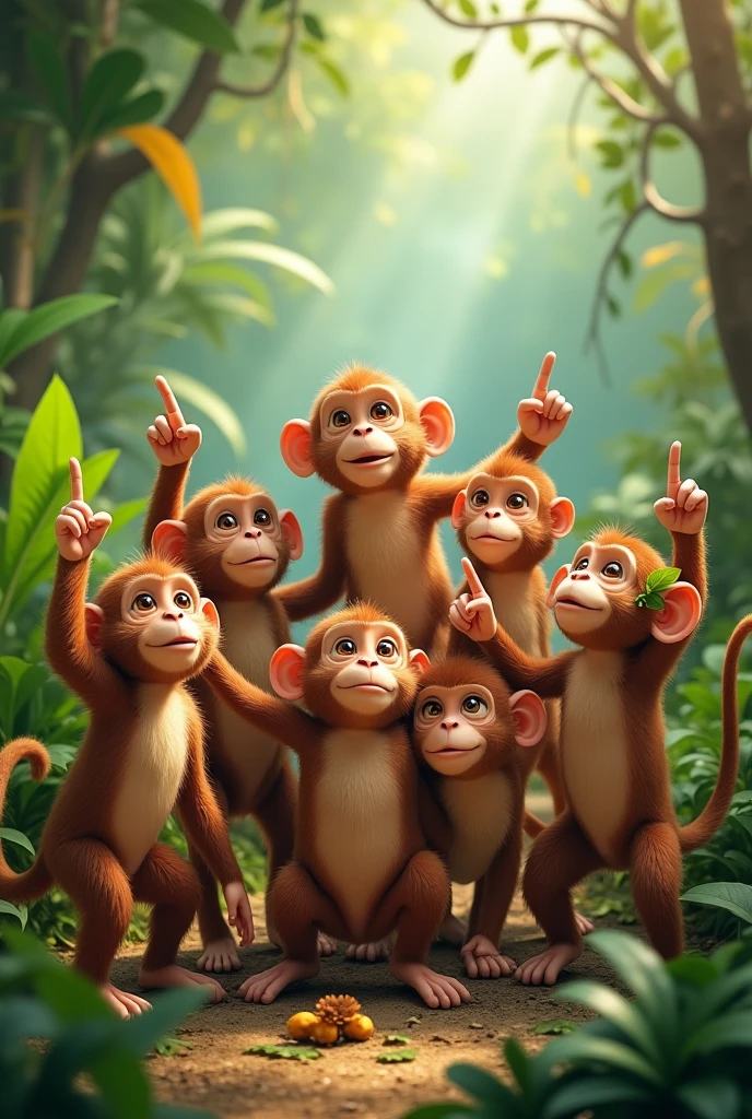 A bunch of monkeys raising their index fingers. More monkeys raising their index fingers.