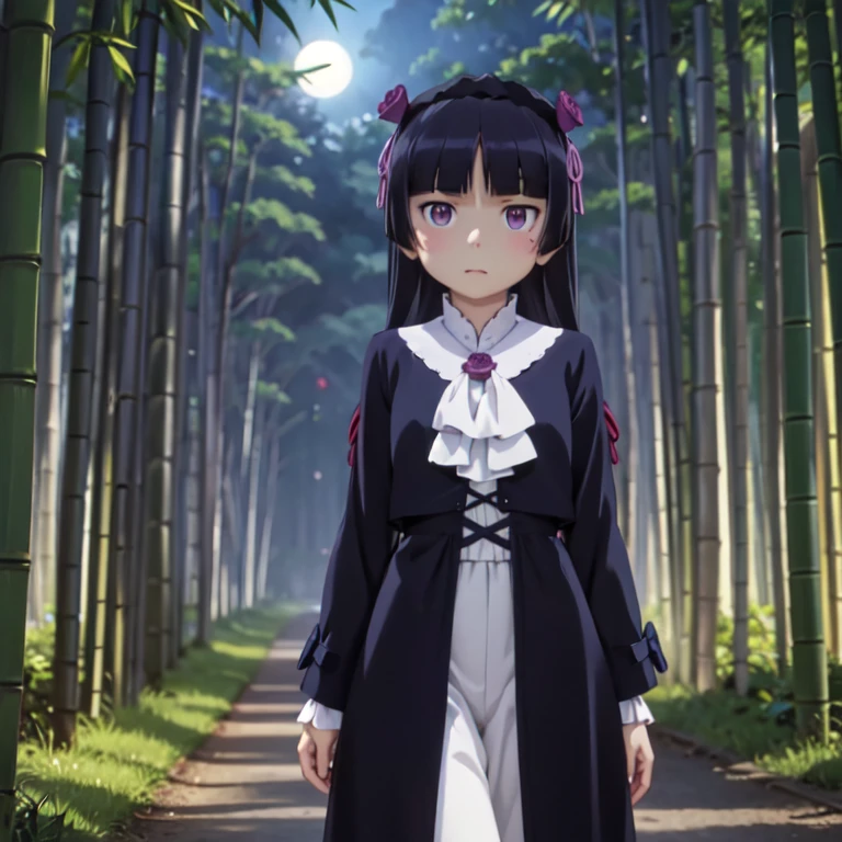 Standing in the bamboo forest, Moonlight shines in, Silence and mysticism, (ruri gokou), woman, alone, Hime cut, Long Hair, Gothicta, Data Fashion, head band, full body