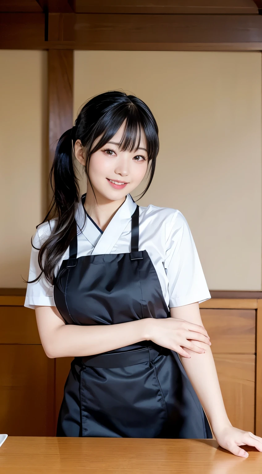 (Highest quality,masterpiece:1.3,Ultra-high resolution,),(Very detailed,Caustics),(Realistic:1.4,RAW shooting,)Ultra-Realistic Capture,Very detailed,High resolution 16K human skin closeup。 Natural skin texture、,pores、、、、It must be detailed enough to be easily identifiable。 Skin tone is even and healthy looking。 Use natural light and color,restaurant,Waitress Uniform,1 person,Japanese,18-year-old,cute,Black-haired,ponytail,Big Breasts,smile,Turn your body forward,(Front view:1.1),Looking into the camera,Cowboy Shot,