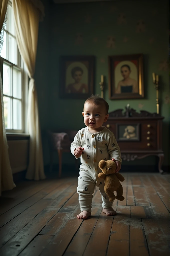 a baby ages 1 year standing in a haunted place 