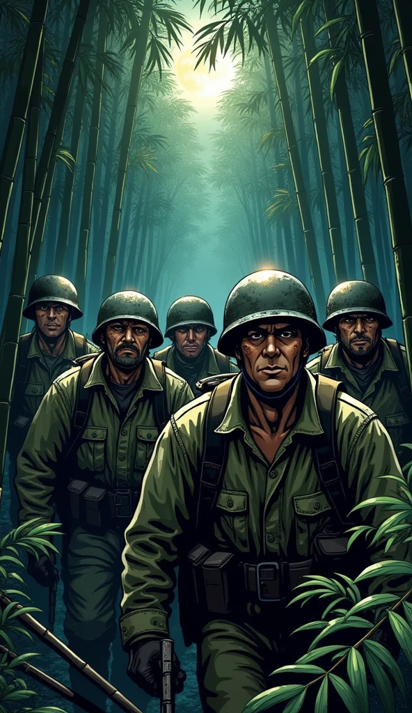 Today's challenge theme：WWII American soldiers moving through a dark Bamboo Forest, Manga anime art