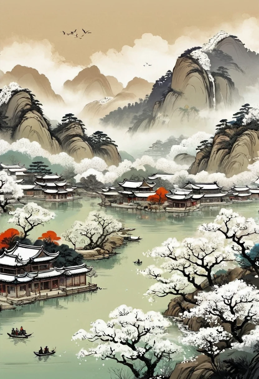 , plum bossom, Flying snow，Mingyuechun's,  landscape details — Width 672,  Enhance Details., Ink，comics，Ultra HD，Classic Attic，Chinese style，China，antiquity，No Characters，Pure landscape painting