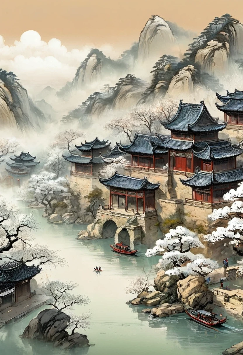 , plum bossom, Flying snow,Mingyuechun's, landscape details — Width 672, Enhance Details., Ink,comics,Ultra HD,Classic Attic,Chinese style,China,antiquity,No Characters,Pure landscape painting