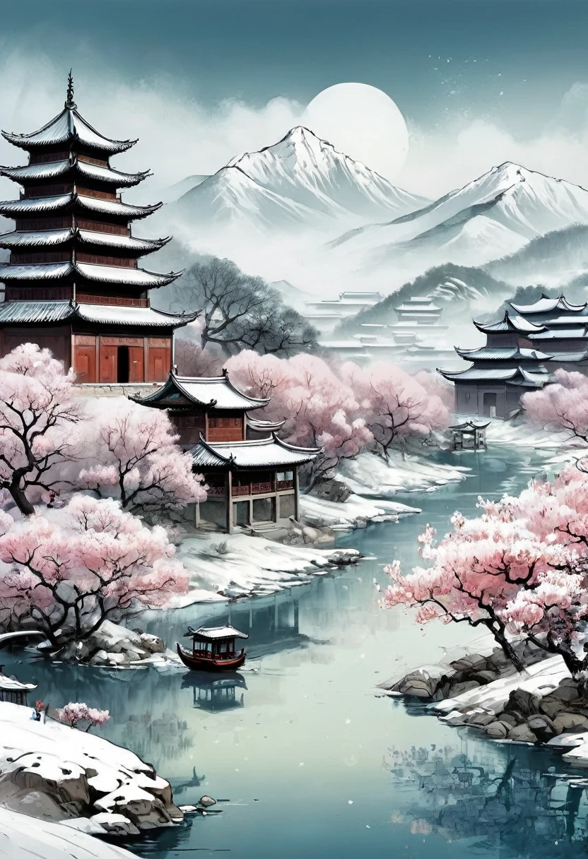 , plum bossom, Flying snow,Mingyuechun's, landscape details — Width 672, Enhance Details., Ink,comics,Ultra HD,Classic Attic,Chinese style,China,antiquity,No Characters,Pure landscape painting