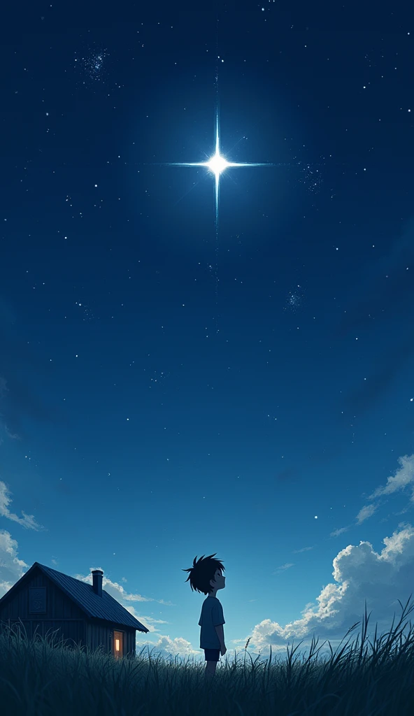 Ryo, a fifth grader, is alone, looking up at the night sky.。
detailed: In front of a small house in the countryside、A boy looking up at the night sky is depicted.。Ryo is small and a little skinny.、He has a lonely look。In the background、A starry sky spreads out、The brightest star in particular is depicted impressively.。That star、Ryo's only friend「Star」symbolizes。