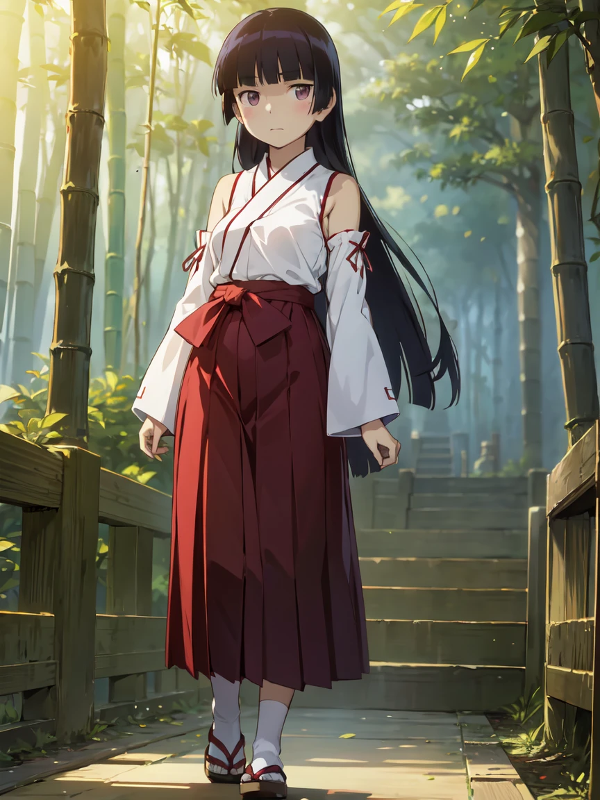bamboo forest, Bamboo leaves swaying in the breeze, The tranquil Japanese ambiance, (ruri gokou), woman, alone, Hime cut, Long Hair, miko clothes, long sleeves, detached sleeves, side breasts, long hakama, 赤い hakama skirt, full body