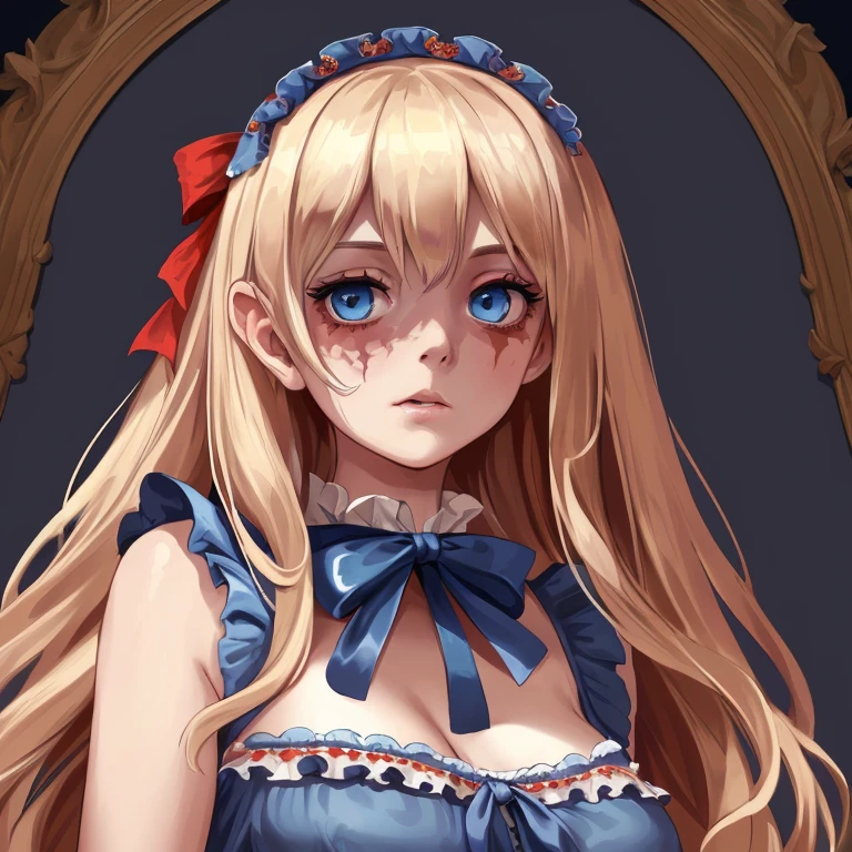 (finely detailed beautiful eyes and detailed zombie face,masterpiece sidelighting,masterpiece,best quality,detailed,high resolution illustration),, (depraved topless zombie girl,whole body,sundress,lustrous skin,looking down,looking at viewer),, (blood hair,blue eyes,ribbon, sheer clothes), (clothed_underbust:1.2),underboob