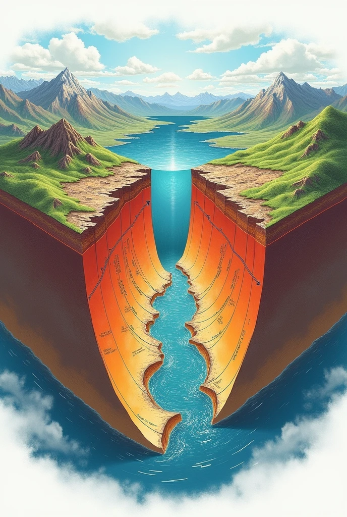For this step, you would draw a diagram showing the divergence of plates, the formation of a rift valley, and the eventual development of an ocean basin with an oceanic ridge in the center