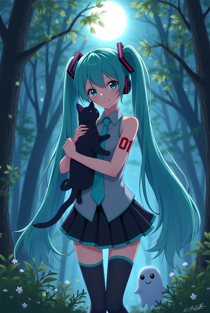 Anime art, anime style, detailed drawing, beautiful forest background background, high definition, high quality, one girl, solo, Hatsune Miku, aqua hair, twin tails, headphones, number tattoo "01" (red, located on her right hand), grey sleeveless collared shirt, black detached sleeves with aqua lines, five fingers with aqua nails, aqua necktie, black pleated mini skirt with aqua lines, zettai ryouiki, thigh-high black boots with aqua lines.

Get example from this image: https://vocaloidespanol.fandom.com/es/wiki/Hatsune_Miku?file=Hatsune_Miku.png

Miku Hatsune hugging a black cat in the night; there is ghost following her behind