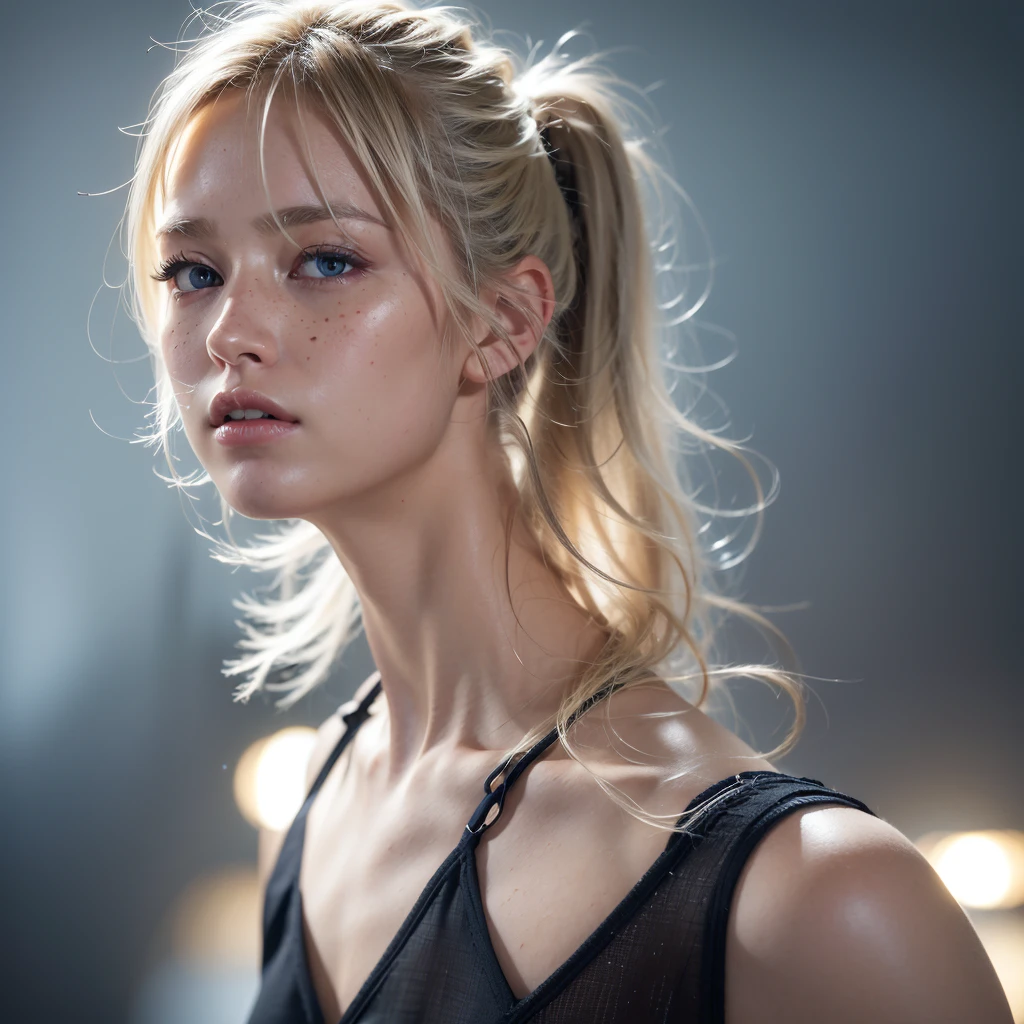 8k, DSLR, photography, short focal length, light attenuation, dark background out of focus, orange lighting from behind, white girl, blonde hair, messy ponytail, high detail eyes, unreal engine, beautiful skin, radiant, pale blue eyes, posing in profile looking past camera, light freckles, dust particles in the air catching the light, shoulders exposed, grey string top,