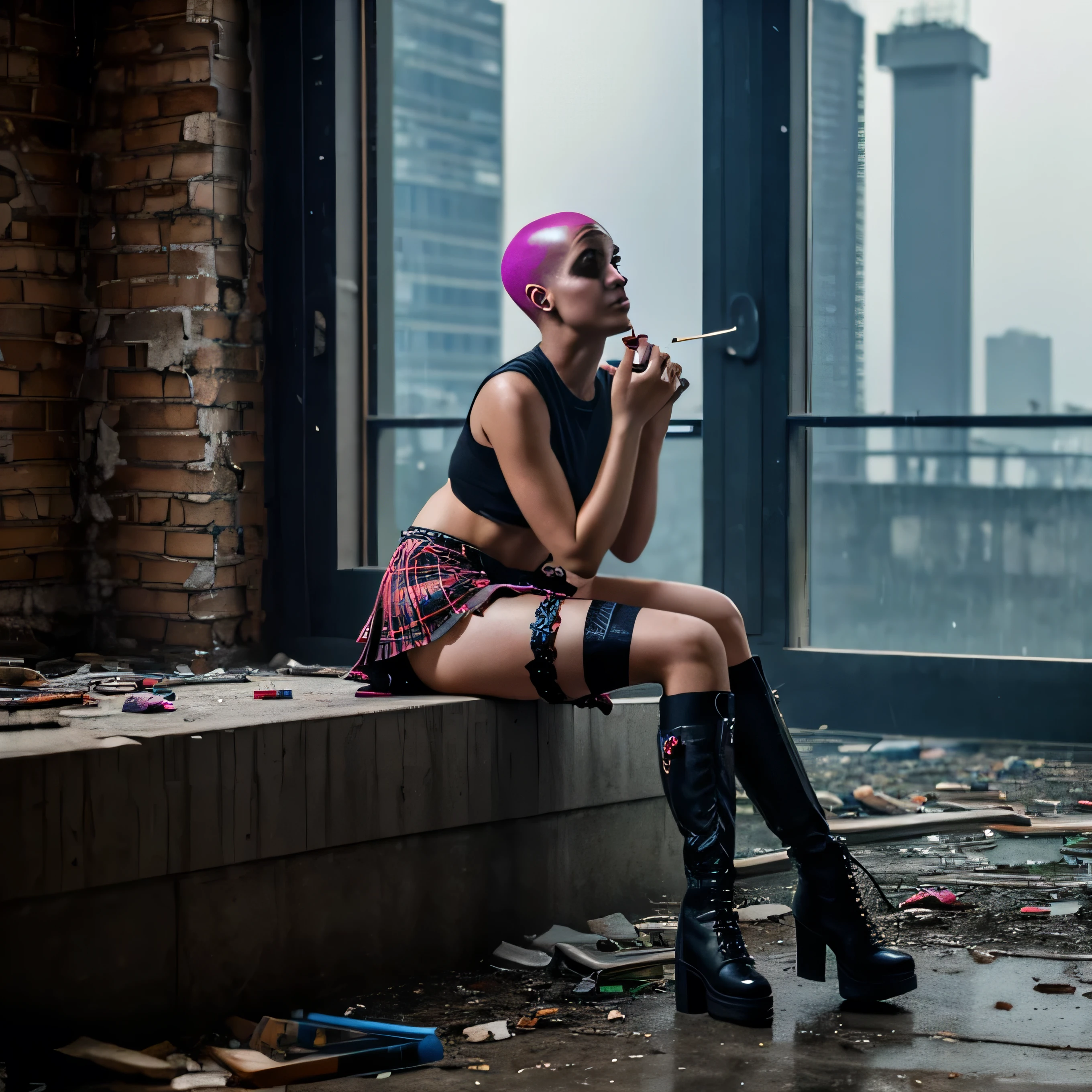 A beautiful bald girl in punk clothes, a plaid skirt, ripped stockings, and high boots sits on her haunches in an abandoned building, crying and smoking a cigarette. , It's raining outside, neon evening, realistic portrait sad girl, beautiful bald girl