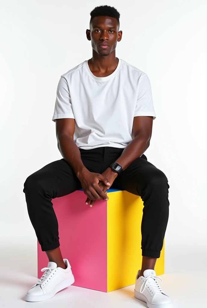 best qualityer:1.4), (ultra high resolution:1.2), (photorrealistic:1.4), (8k, CRU photo:1.2), A 20-year-old man, brown skin, shorth hair, eyes browns, shirt white short-sleeved, Black pants up to the ankle, White sneakers, He is sitting on a colorful cube looking seductively at the camera. He is in a white background