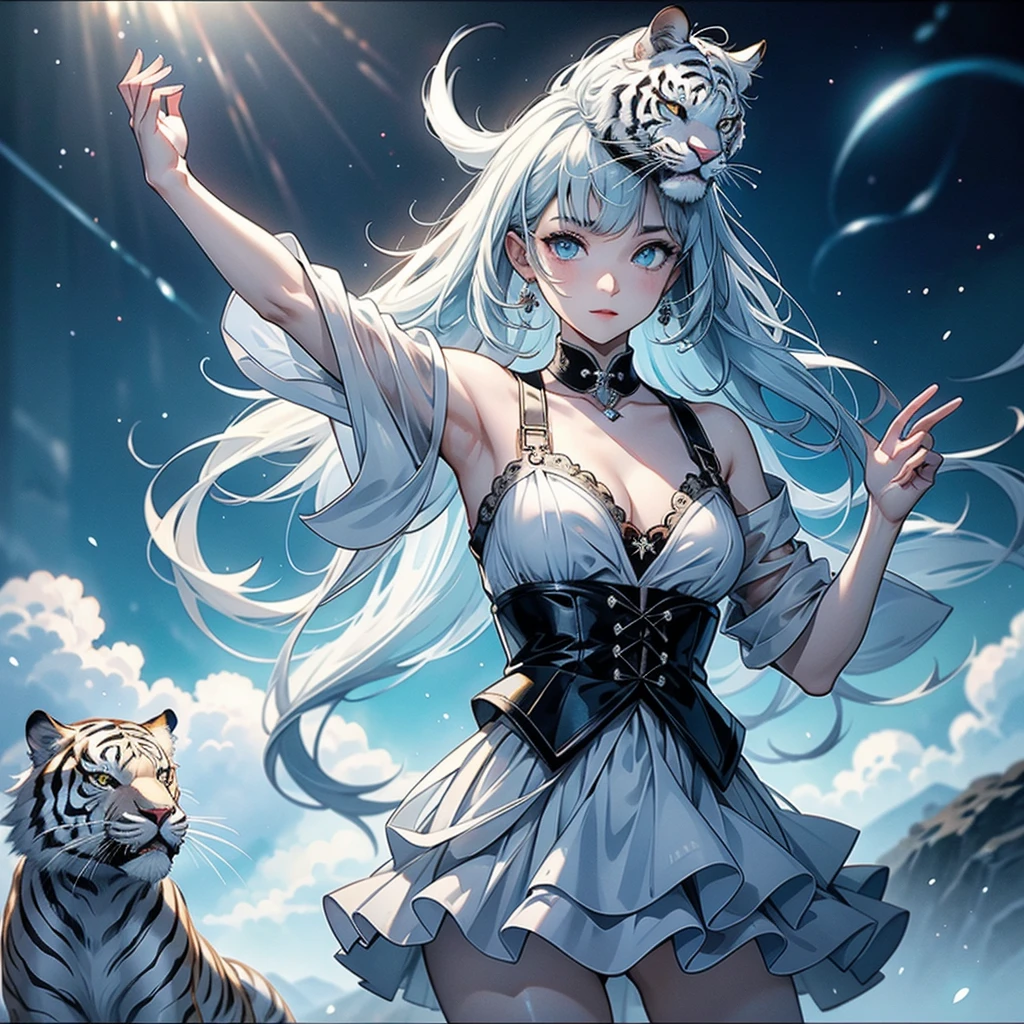 Perfect Anatomy、Masterpieces、It looks like it's coming out of the screen.、Magic Art、Trick Art、、Cyan ulblackholetech、cute、Highest quality、Masterpiece、Official Art、Dynamic composition、Super detailed、Perfect Anatomy、White Tiger of the Four Gods、Messenger of the White Tiger、mysterious、Angel Ladder、black and white、Tiger pattern、🐅、🐯、背景はblack and whiteのゼブラ柄、