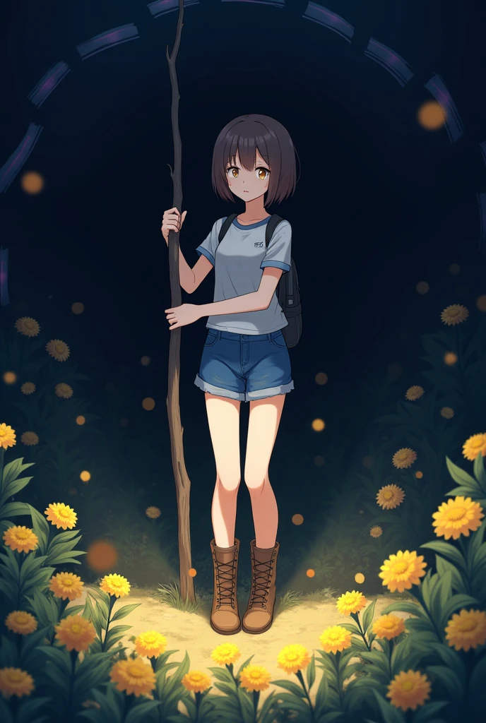 anime girl, having piece of tree branch, horizontal stripes of light blue and pink, blue shorts, brown boots, closing eyes, short brown hair, golden flower garden, dark place