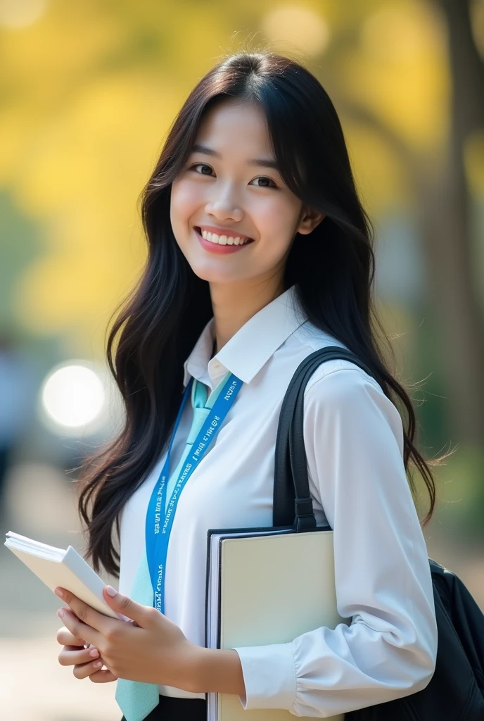 (Masterpiece),(complication:1.3),(The most realistic),((not revealing or provocative)),(Dress appropriately and neatly.),(A student), A portrait of a woman, 18 years old, beautiful face, beautiful faceแบบไทย ,long black hair ,smiling and happy, holding a notebook, Thai person ((wearing a white long-sleeved collared shirt)), (Wear a blue lanyard with white lettering that says "kalasin Vacational School"),Wear a light blue necktie, Dressed simply,warm light, weak sunlight, Photo shows only half of the body ,professional photographer for detailed photos, Have clarity, dramatic, Awarded first prize, Cinematic lighting, (film grain,A blurry background, Blurred background, bokeh, depth of fied),(Children under 18 years old can watch.)