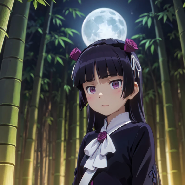 Standing in the bamboo forest, Moonlight shines in, Late Night, Silence and mysticism, (ruri gokou), woman, alone, Hime cut, Long Hair, Gothicta, Data Fashion, head band,