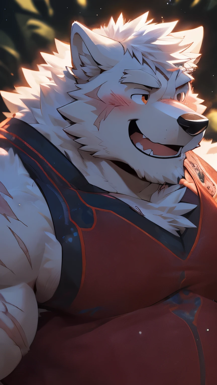 human nature, wild animals, male, 36 years old，uncle，solitary, ((Round Face, The face is plump,  Orange Eyes, Thick white hair，Scars)), ((Endomorph, Handsome，Hot Blood)), （Mecha suit，no electricity，exhausted), ((domestic white wolf, Wolf Orc) Fluffy fur, Fluffy, White Stripes),  (wolf print), Bokeh, (high quality, high resolution, masterpiece), (Dynamic Lighting, Vibrant colors), (happy，laughing out loud，blush), Detailed teeth, Full body pictures (Vision), cartoon, author：Takemoto Arashi, From Zixiong, author：Chunni, author：Ethereal，（background：Rainforest）