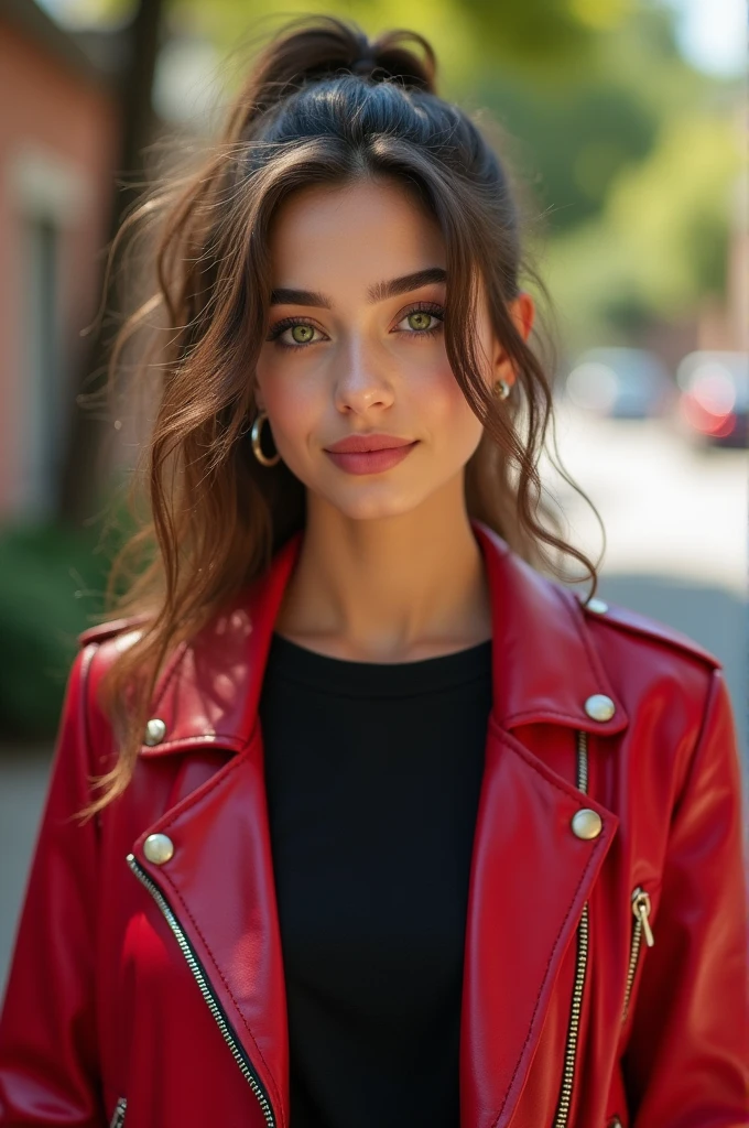 Portrait of a Pakistani American girl, Dove Cameron mixed Stefanie Scott mixed Emma Stone mixed Alexandra Daddario, beautiful, natural beauty, sharp Caucasian features, 19 years old, pale skin tone, brunette hair, messy ponytail, green eyes, wearing red leather sports jacket with black t-shirt underneath, 4k photo, detailed eyes, professional, natural lighting, natural beauty, natural tones, caucasian, european, pale skin tone, green eyes, beautiful, brunette hair 