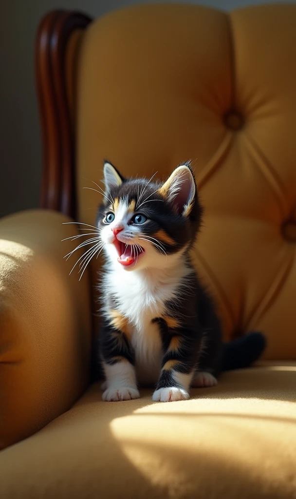 a small kitten sitting on a couch, black and white and yellow fur, mouth open as if calling, cute kitten, realistic, highly detailed, 8k, photorealistic, award winning photograph, dramatic lighting, shallow depth of field, beautiful colors