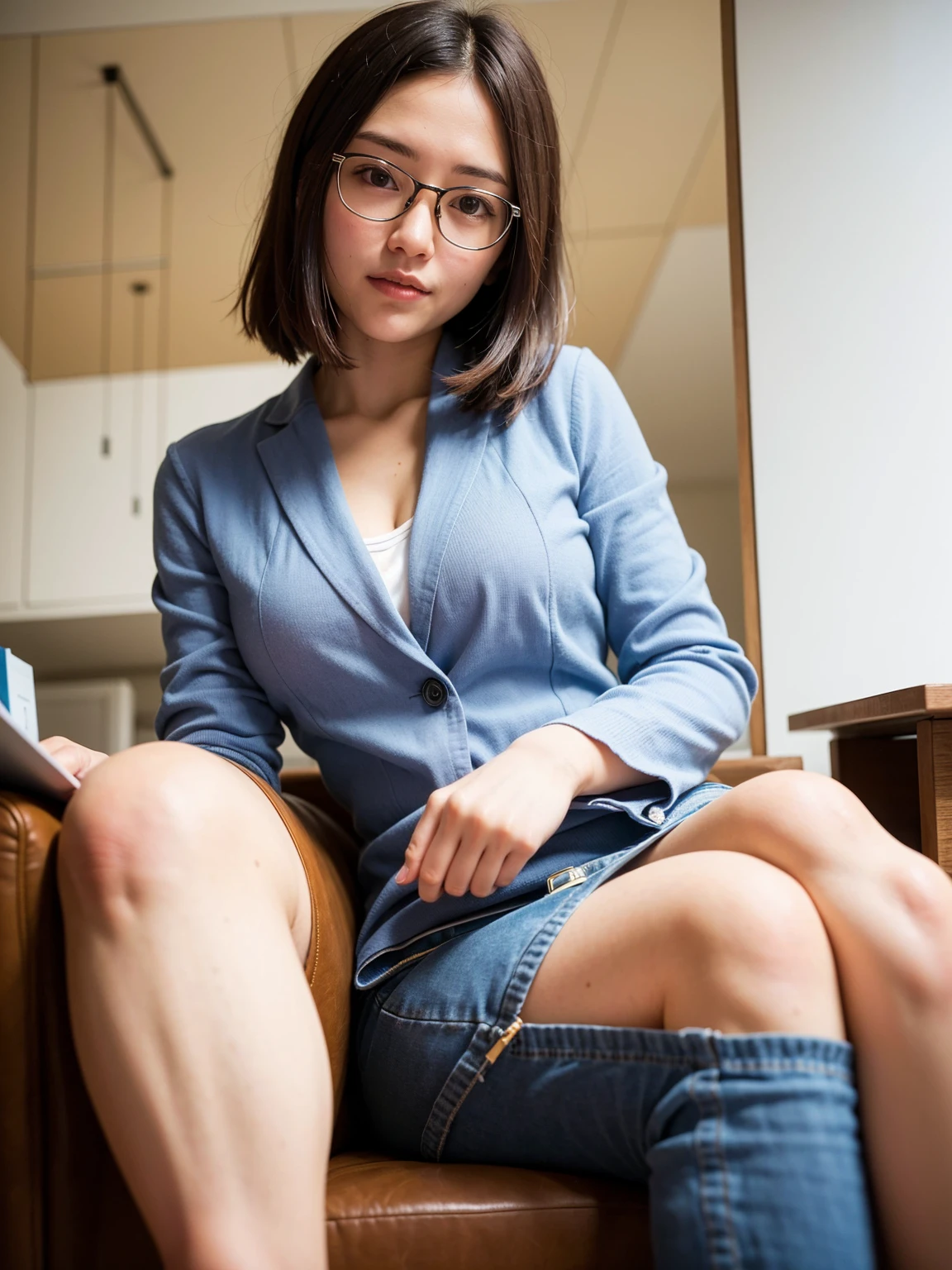 Top Quality, A beautiful, short-haired woman with an intelligent and sophisticated look, laugh, wearing stylish eyeglasses that accentuate her sharp, inquisitive eyes. Her hair is neatly styled in a modern, short cut that complements her facial features, giving her a sleek and polished appearance. She is dressed in a crisp, professional outfit, perhaps a blazer or a blouse, with subtle details that highlight her refined taste. suggesting her intellectual nature. The background is a minimalist office or library, with soft lighting that enhances her calm and focused demeanor."
