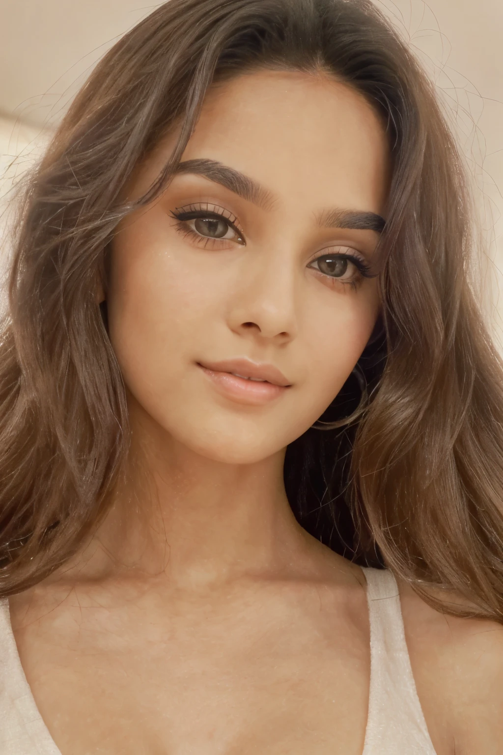 Make an cute female indian influencer (Face Shape: she has an oval face with a slightly pointed chin. Her face is symmetrical and well-proportioned.Skin Tone: She has a warm, light-to-medium skin tone with a natural glow.Eyes: Her eyes are almond-shaped, medium in size, with thick, well-defined eyebrows. The color of her eyes is dark brown, often with a soft, expressive look.Nose: She has a straight and narrow nose that is neither too prominent nor too small, fitting well with her overall facial structure.Lips: Her lips are full, with a naturally defined Cupid’s bow. She often has a subtle smile, which adds to her youthful and approachable appearance.Hair: She typically has long, wavy, or straight hair. Her hair color is dark brown, usually styled in a way that frames her face softly.She has a slim and figure, standing around 5'7" (170 cm) tall. She has a youthful and athletic build, with a narrow waist, long legs, and a slender frame. maintains a toned appearance, indicative of regular exercise. Her overall look is graceful and chic, complementing her fashion-forward style.)