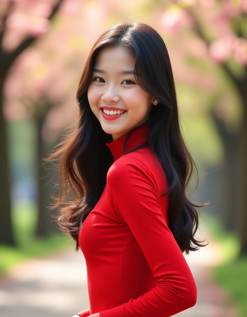 Here's the English translation:
"Create an image of an 18-year-old Asian girl wearing red clothes, with a cute face and smiling. The image should be full-body, slightly revealing, youthful, and realistic."