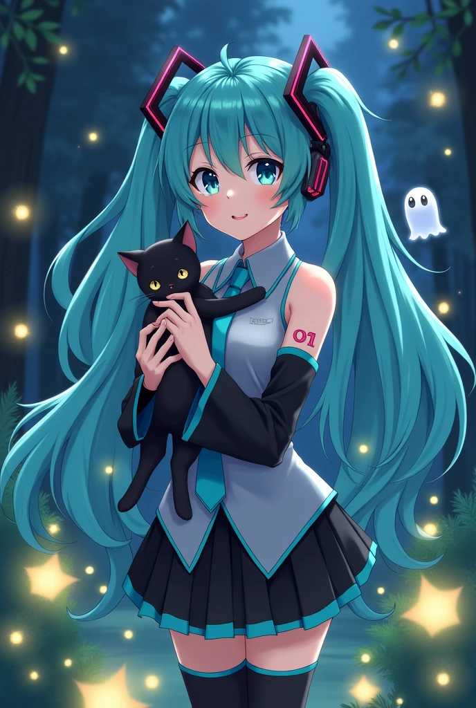 Anime art, anime style, detailed drawing, beautiful forest background background, high definition, high quality, one girl, solo, Hatsune Miku, aqua hair, twin tails, headphones, small number tattoo "01" (red, located on her right hand), grey sleeveless collared shirt, black detached sleeves with aqua lines, five fingers with aqua nails, aqua necktie, black pleated mini skirt with aqua lines, zettai ryouiki, thigh-high black boots with aqua lines.
Get example from this image: https://vocaloidespanol.fandom.com/es/wiki/Hatsune_Miku?file=Hatsune_Miku.png
Miku Hatsune hugging a black cat in the night; there is ghost following her behind