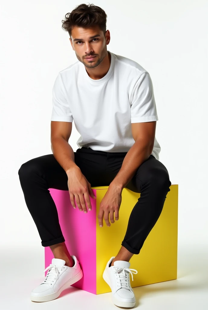 best qualityer:1.4), (ultra high resolution:1.2), (photorrealistic:1.4), (8k, CRU photo:1.2), A 20-year-old man, light brown skin, shorth hair, eyes browns, shirt white short-sleeved, Black pants up to the ankle, White sneakers, He is sitting on a colorful cube looking seductively at the camera. He is in a white background