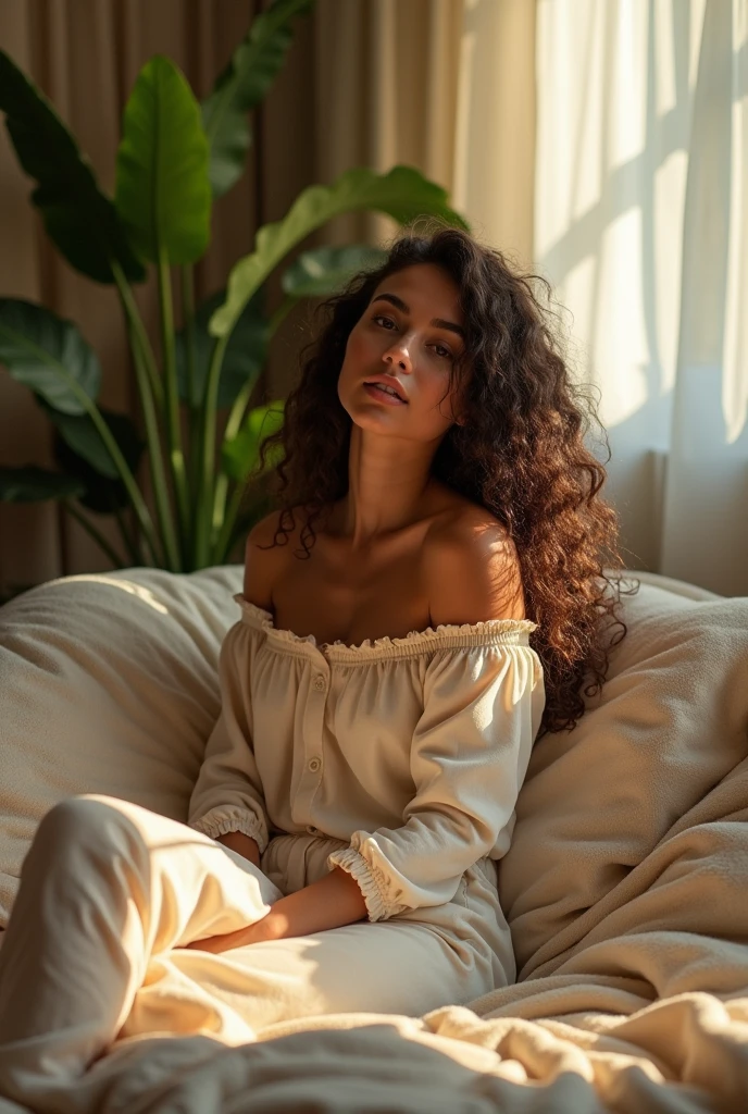(photorealism:1.2), beautiful woman, sitting on bed, wearing loose off-shoulder top, pajama pants, long curly hair, indoors, soft lighting, plants in background, window with sunlight, cozy room, relaxed pose, realistic, intricate details, warm colors, by Greg Rutkowski, by Alphonse Mucha