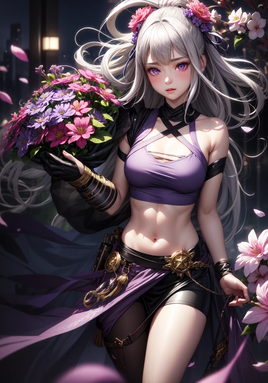 Realistic, One girl, Gray Hair, Purple eyes, Glowing Eyes, Crop top, skirt, Lips parted, blush, night, Flowers,